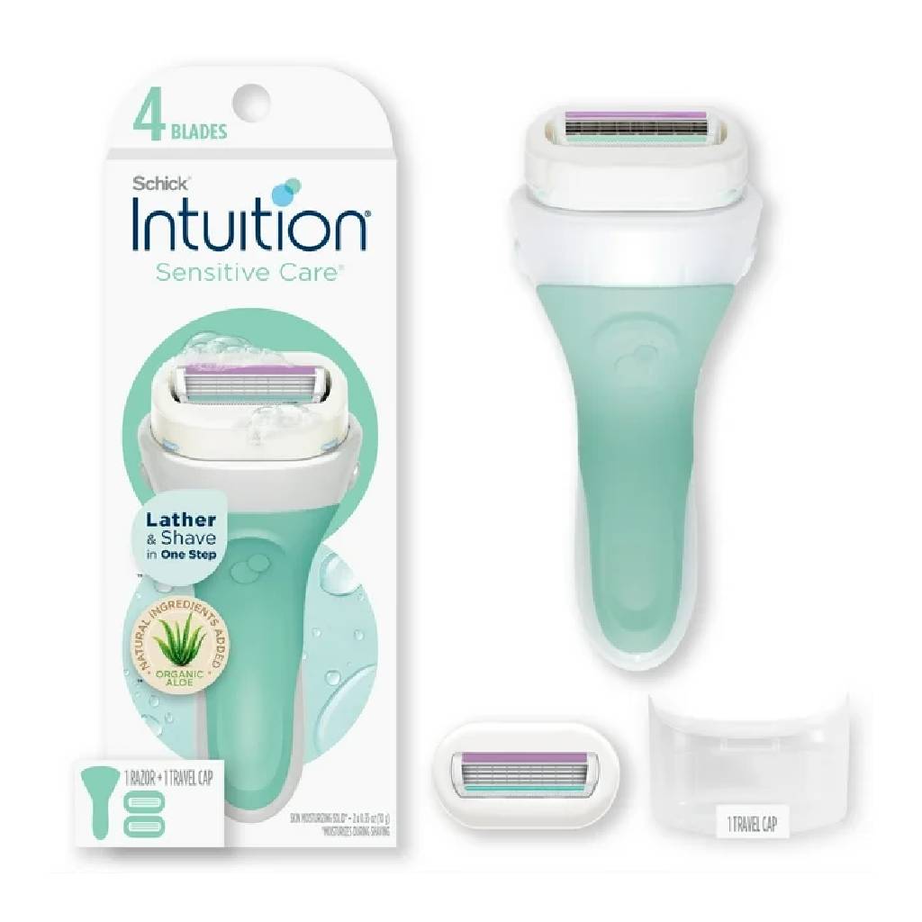 Intuition 4-Blade Sensitive Care Women's Razor Handle Plus 2 Razor Cartridge Refills, Lather & Shave in One Step, With Aloe & Vitamin E