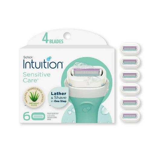 Intuition 4-Blade Sensitive Care Women's Razor Cartridge Refills, 6 Ct, Lather & Shave in One Step, With Aloe & Vitamin E