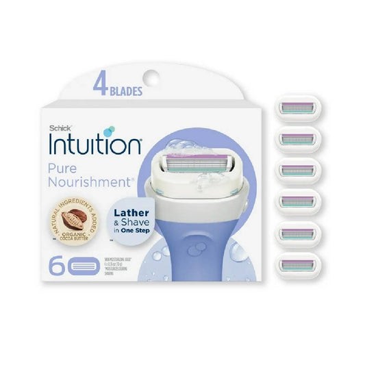 Intuition 4-Blade Pure Nourishment Women's Razor Blade Cartridge Refills, 6 Ct, Lather & Shave In One Step, With Organic Cocoa Butter